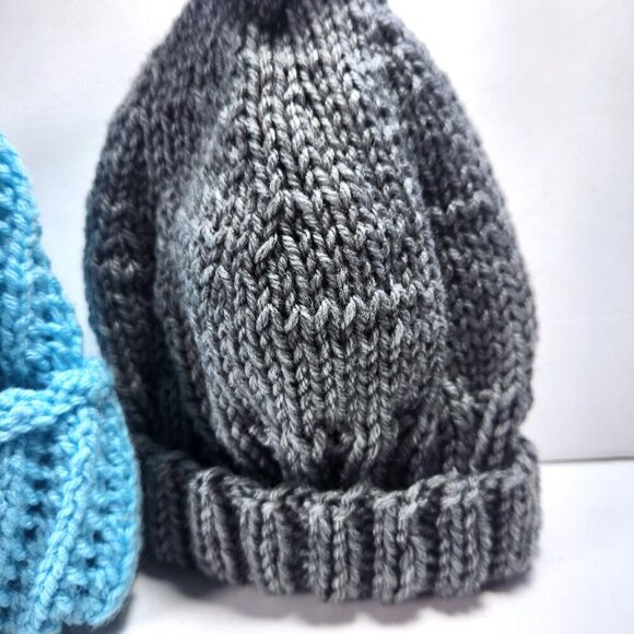 Hand Knitted Youth Hats Lot of 2 Unisex one with Pom Pom Grey and Blue - Picture 4 of 5